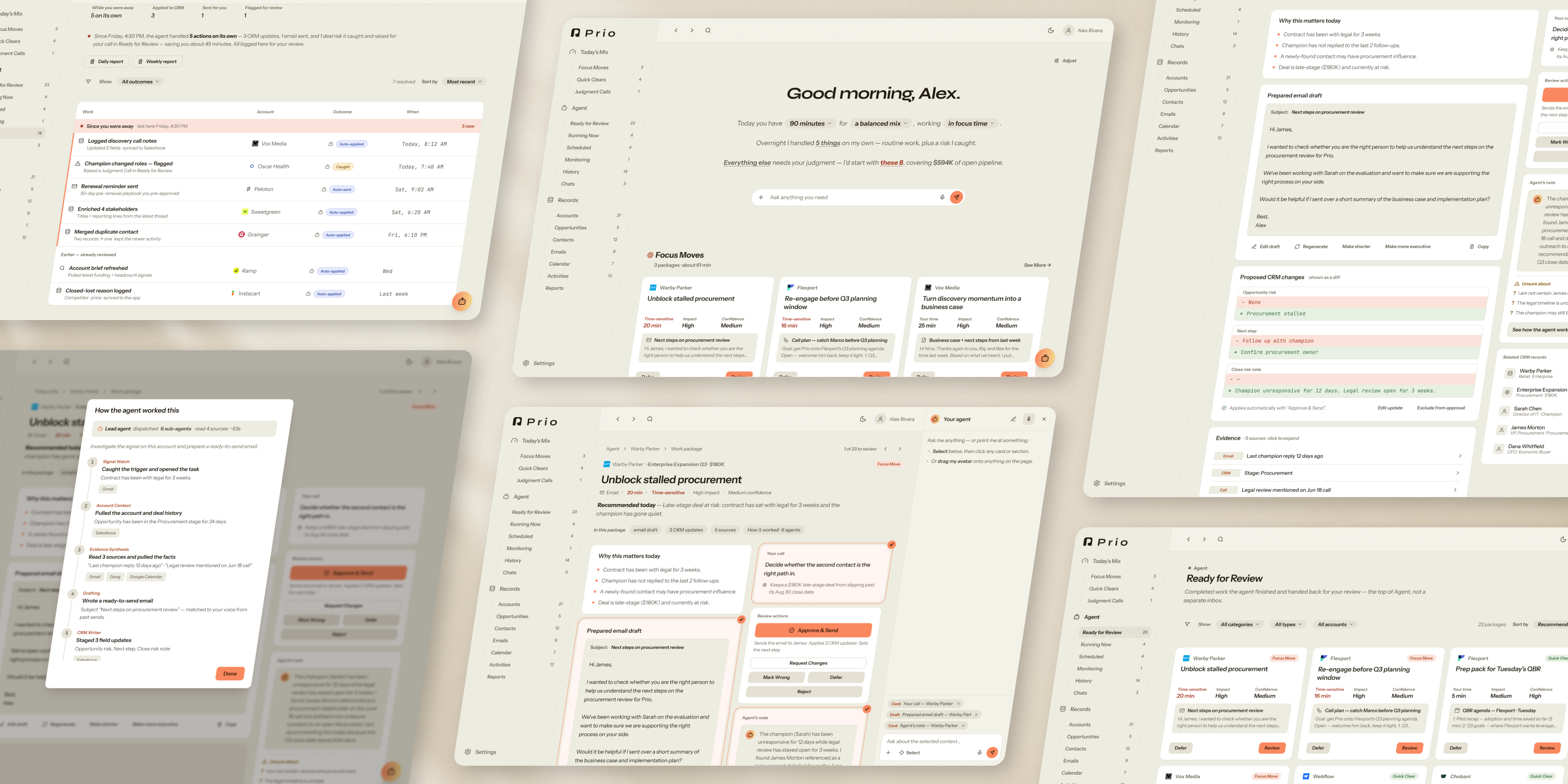 Prio — the morning plan, review surface, agent trace, and history across the AI-native CRM